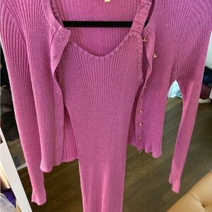 LoveShackFancy Pink Ribbed Knit Cardigan and Dress Set